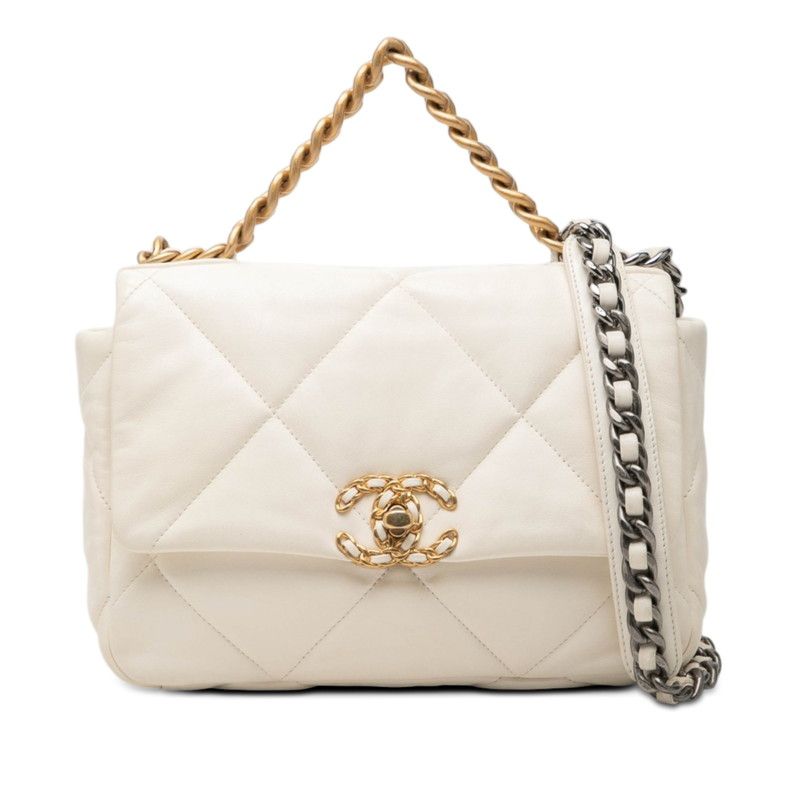 Chanel CC Logo 19 Dizeneuf Quilted Chain Shoulder Bag White Lambskin