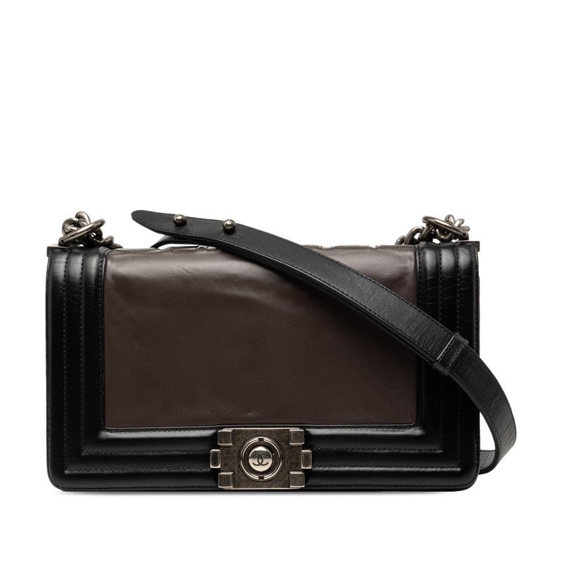 Chanel CC Logo Boy Chain Shoulder Bag Black Brown Leather