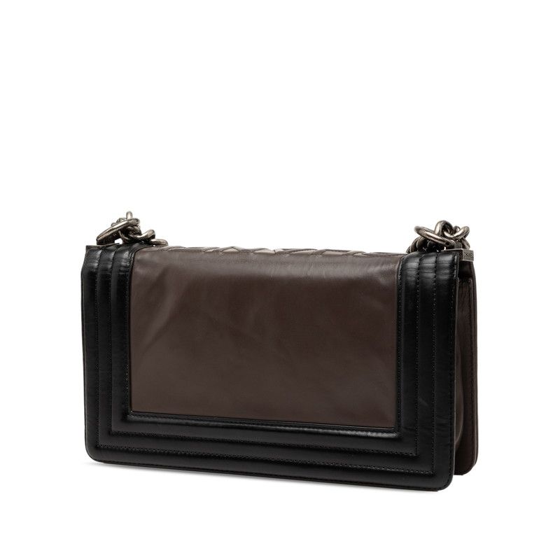 Chanel CC Logo Boy Chain Shoulder Bag Black Brown Leather — view 2