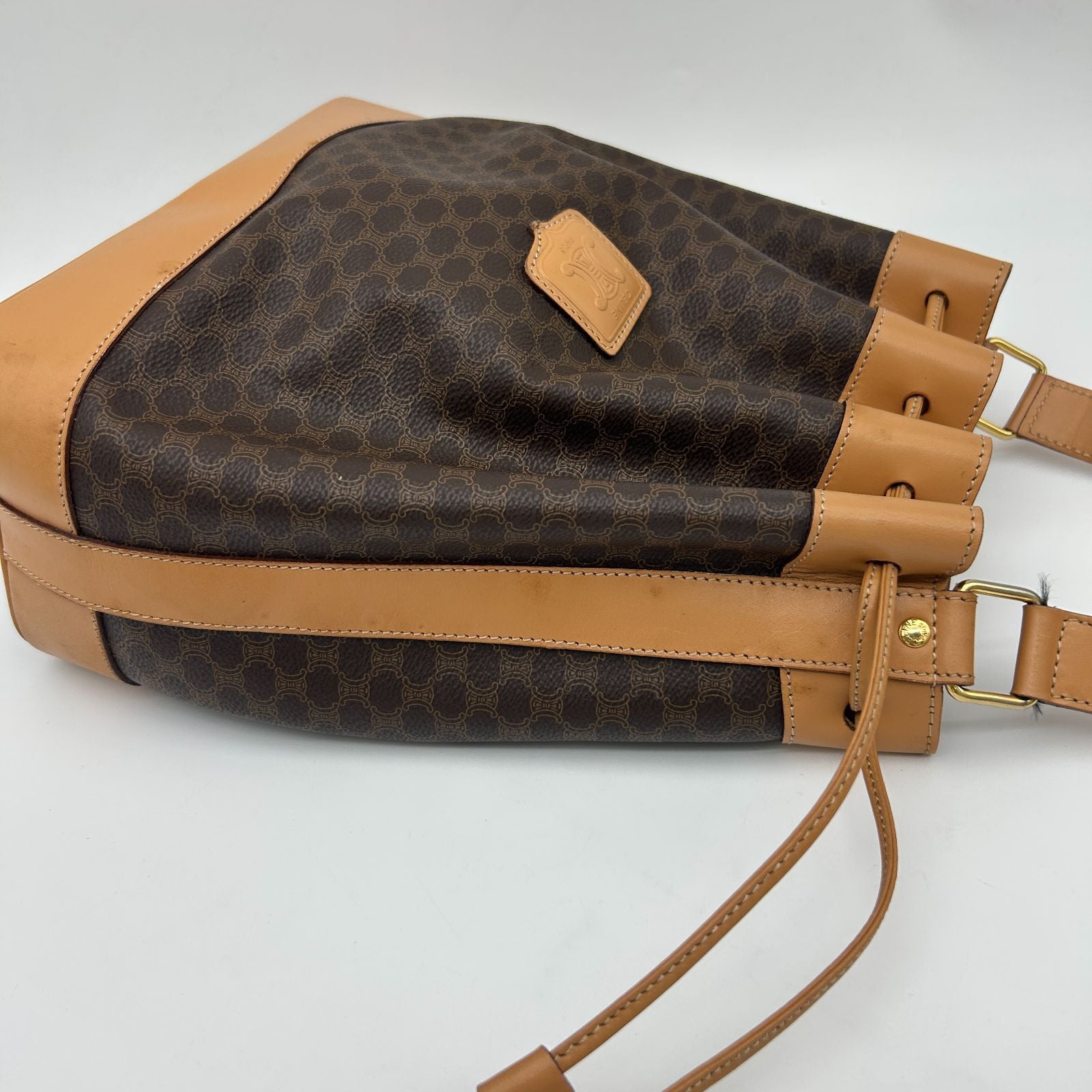 Celine Macadam Shoulder Bag Crossbody Drawstring Leather Brown Gold — view 6
