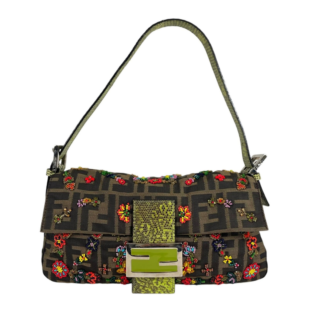 Fendi Mamma Baguette Handbag Nylon Multicolor Zucca Pattern Beads Bijou Exotic