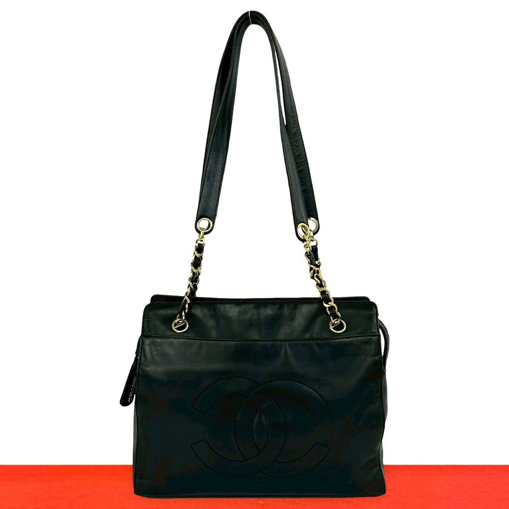 Chanel Vintage CC Logo Lambskin Chain Tote Shoulder Bag Black