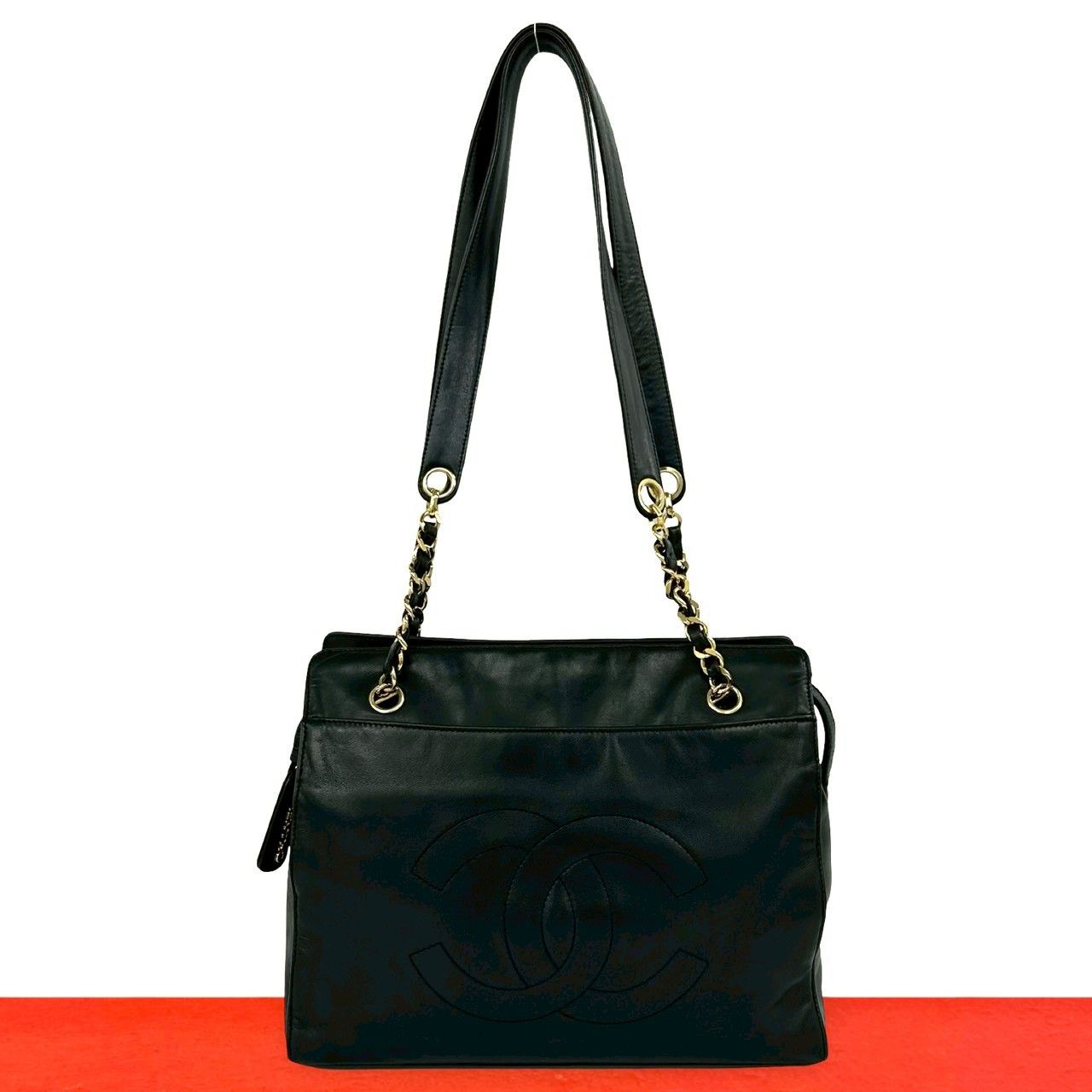 Chanel Vintage CC Logo Lambskin Chain Tote Shoulder Bag Black