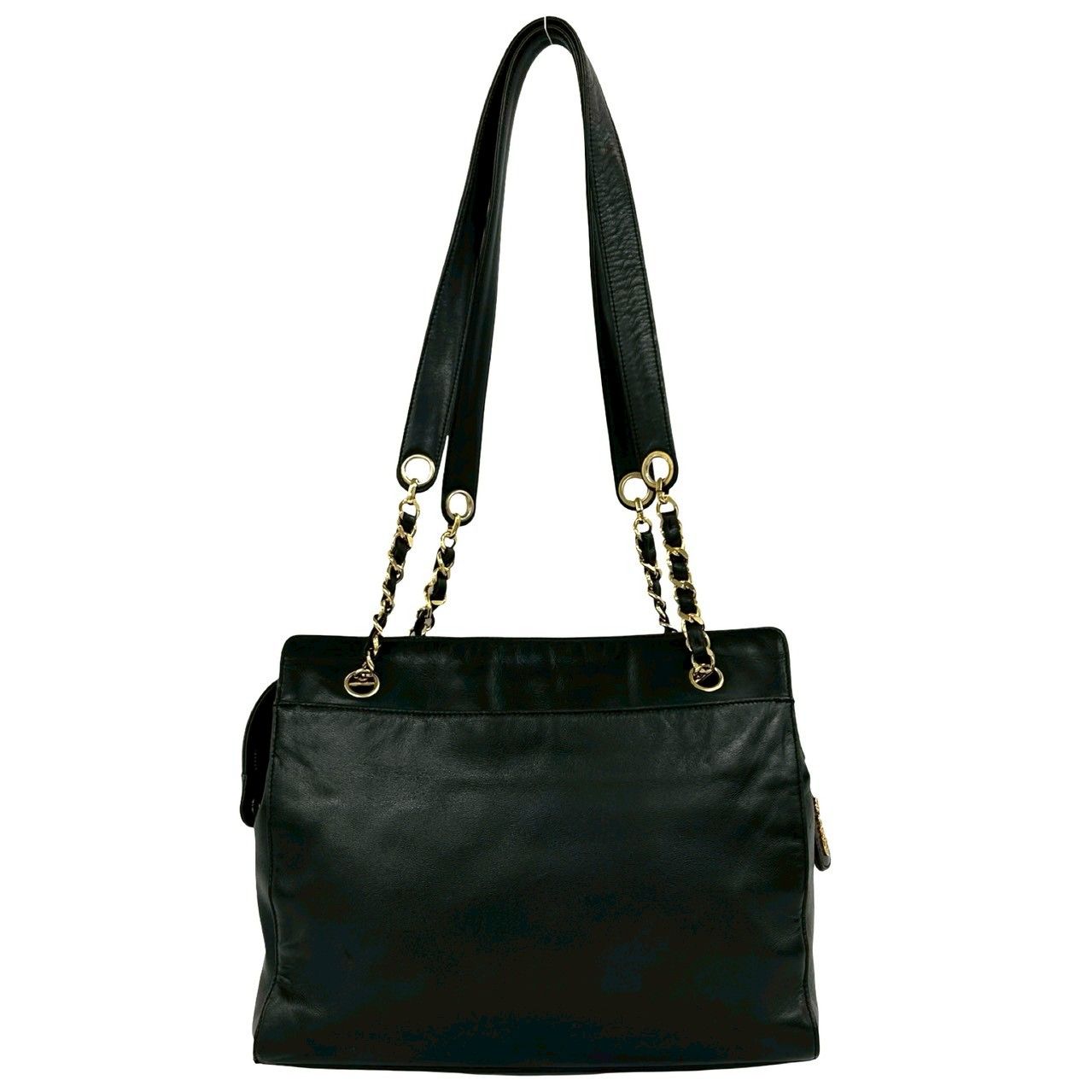 Chanel Vintage CC Logo Lambskin Chain Tote Shoulder Bag Black — view 3