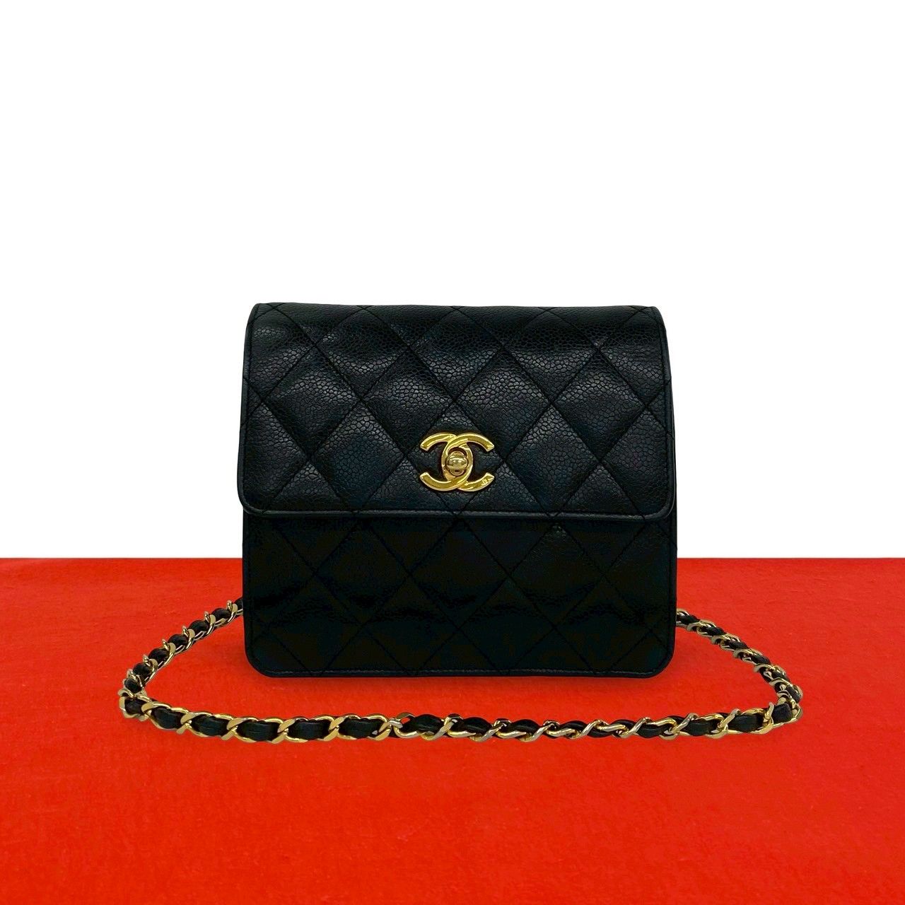Chanel Vintage Quilted Caviar Leather Chain Mini Shoulder Bag Black