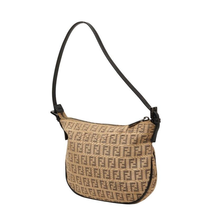 Fendi Zucchino Shoulder Bag Beige Black Canvas Leather — view 2