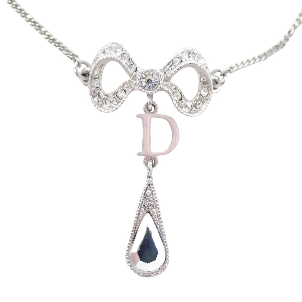 Dior Rhinestone Necklace Ribbon Motif Silver — view 2