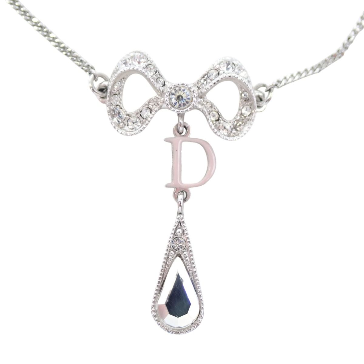 Dior Rhinestone Necklace Ribbon Motif Silver — view 2