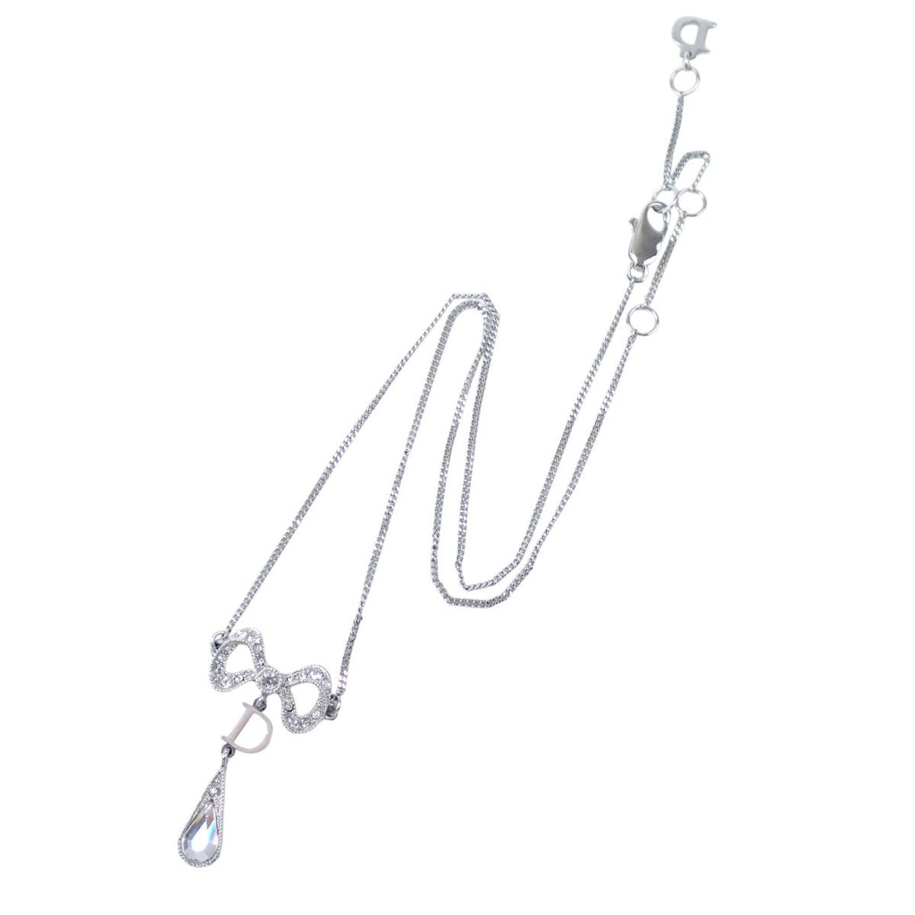 Dior Rhinestone Necklace Ribbon Motif Silver