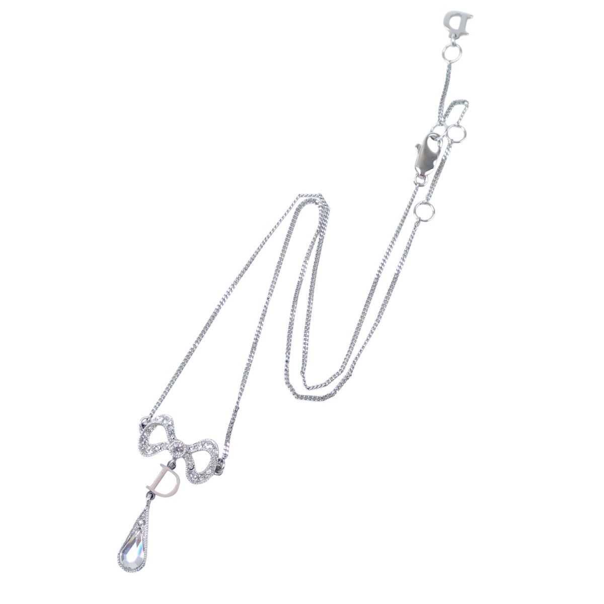 Dior Rhinestone Necklace Ribbon Motif Silver