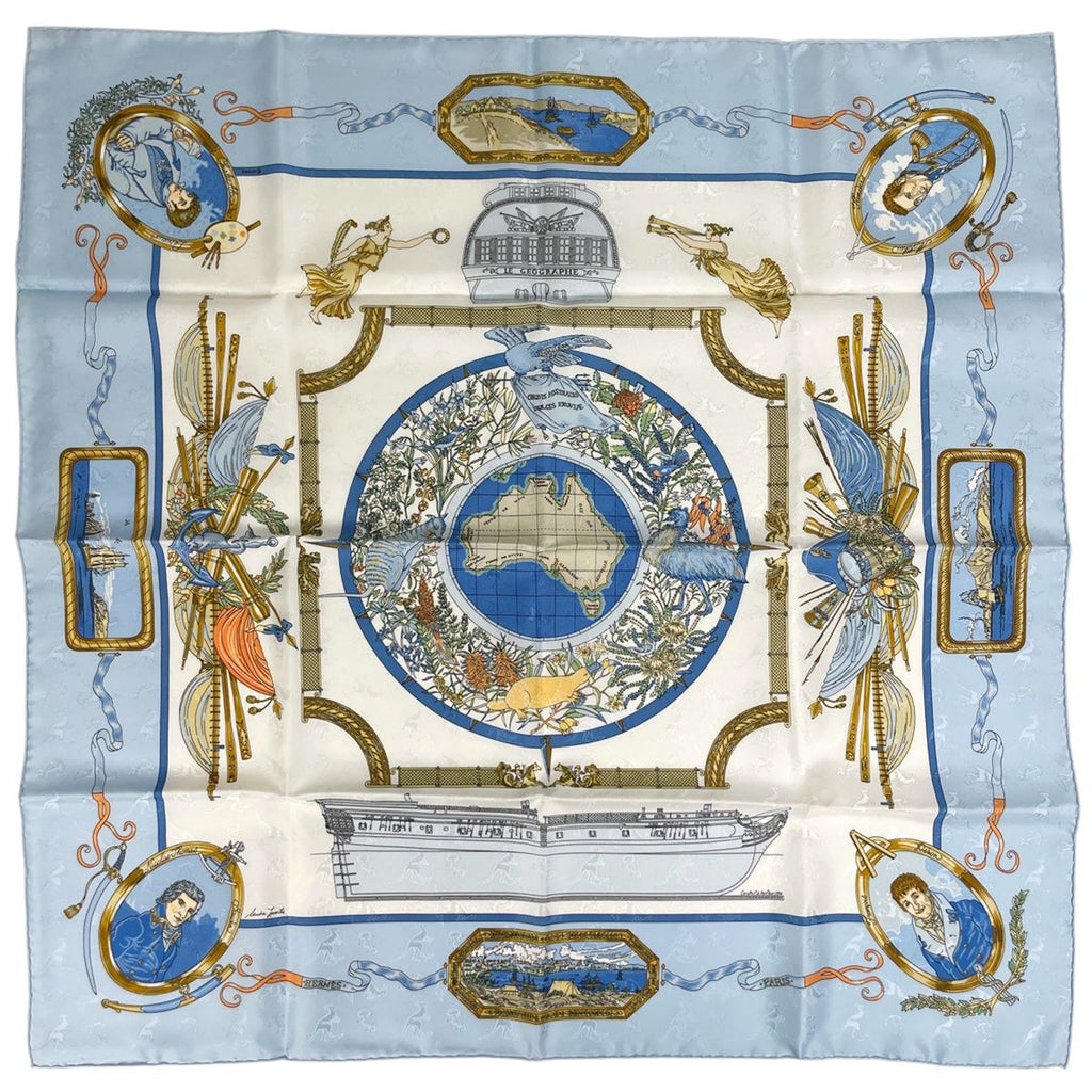 Hermes Carre 90 le Geographe Geographer Scarf Silk Blue White Multicolor