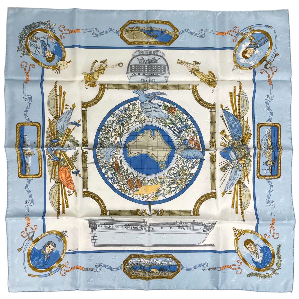 Hermes Carre 90 le Geographe Geographer Scarf Silk Blue White Multicolor