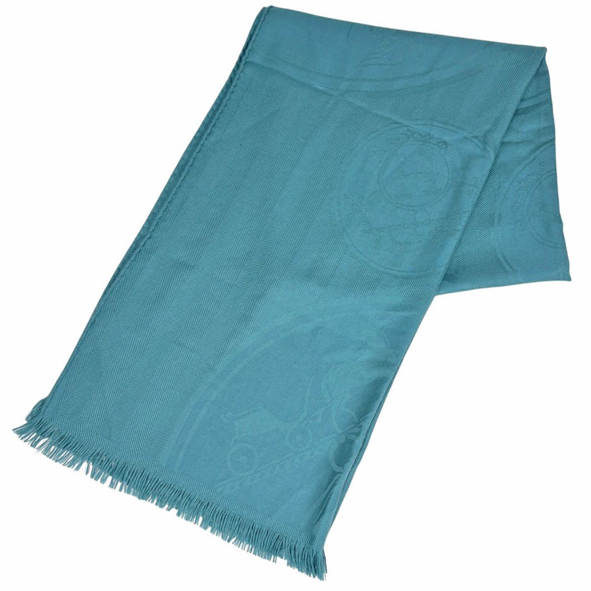 Hermes Logo Shawl Scarf Cashmere Silk Blue