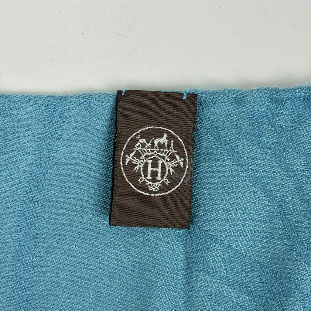 Hermes Logo Shawl Scarf Cashmere Silk Blue — view 6