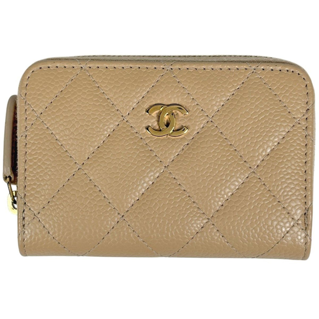 Chanel CC Logo Coin Case Card Caviar Leather Beige