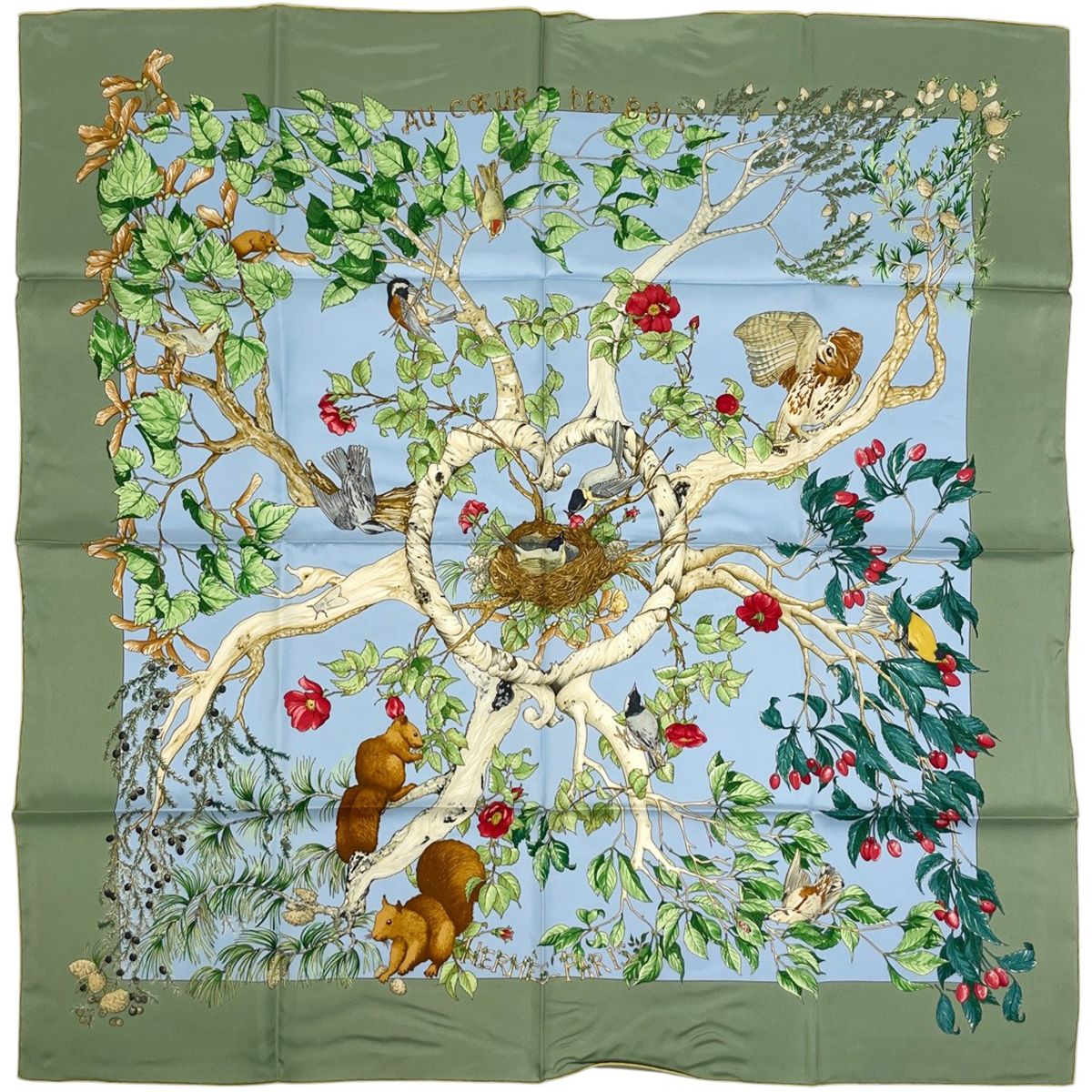 Hermes Carre 90 AU Coeur Des Bois in the Forest Scarf Silk Green Multicolor