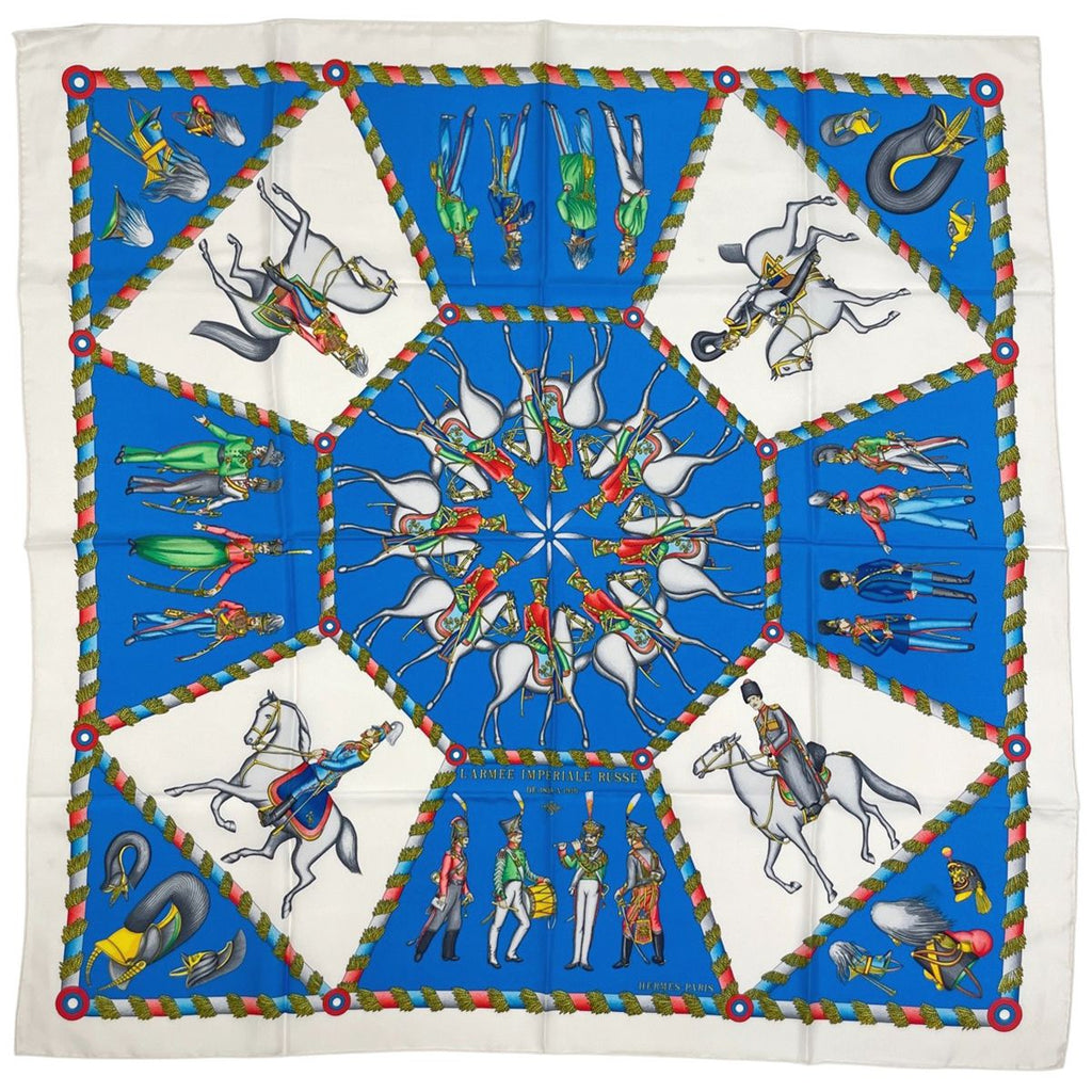 Hermes Carre 90 L'armee Imperiale Russe Russian Military Museum Scarf Silk Blue