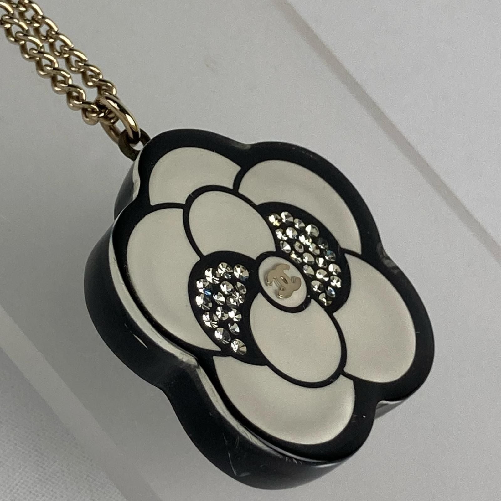 Chanel Camellia CC Logo Flower Motif Necklace Rhinestone Black White — view 3