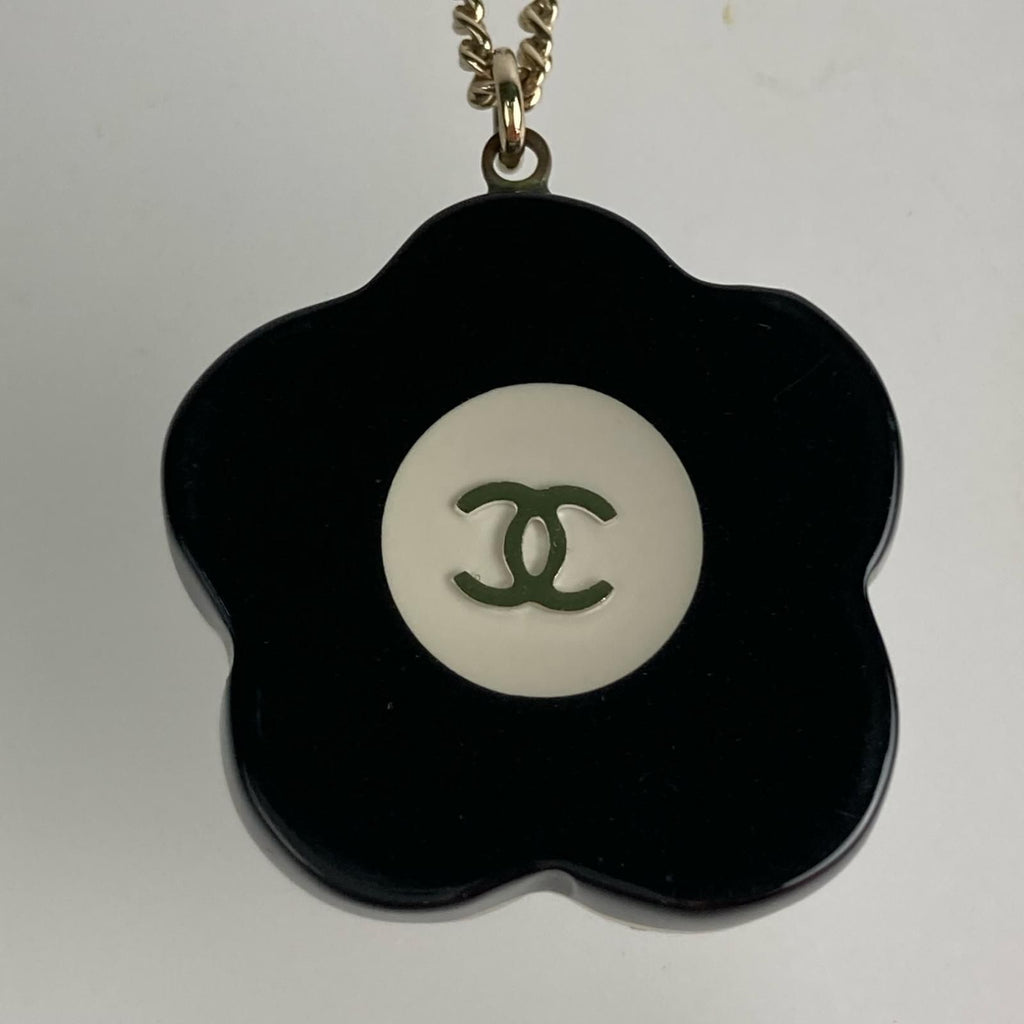 Chanel Camellia CC Logo Flower Motif Necklace Rhinestone Black White — view 2
