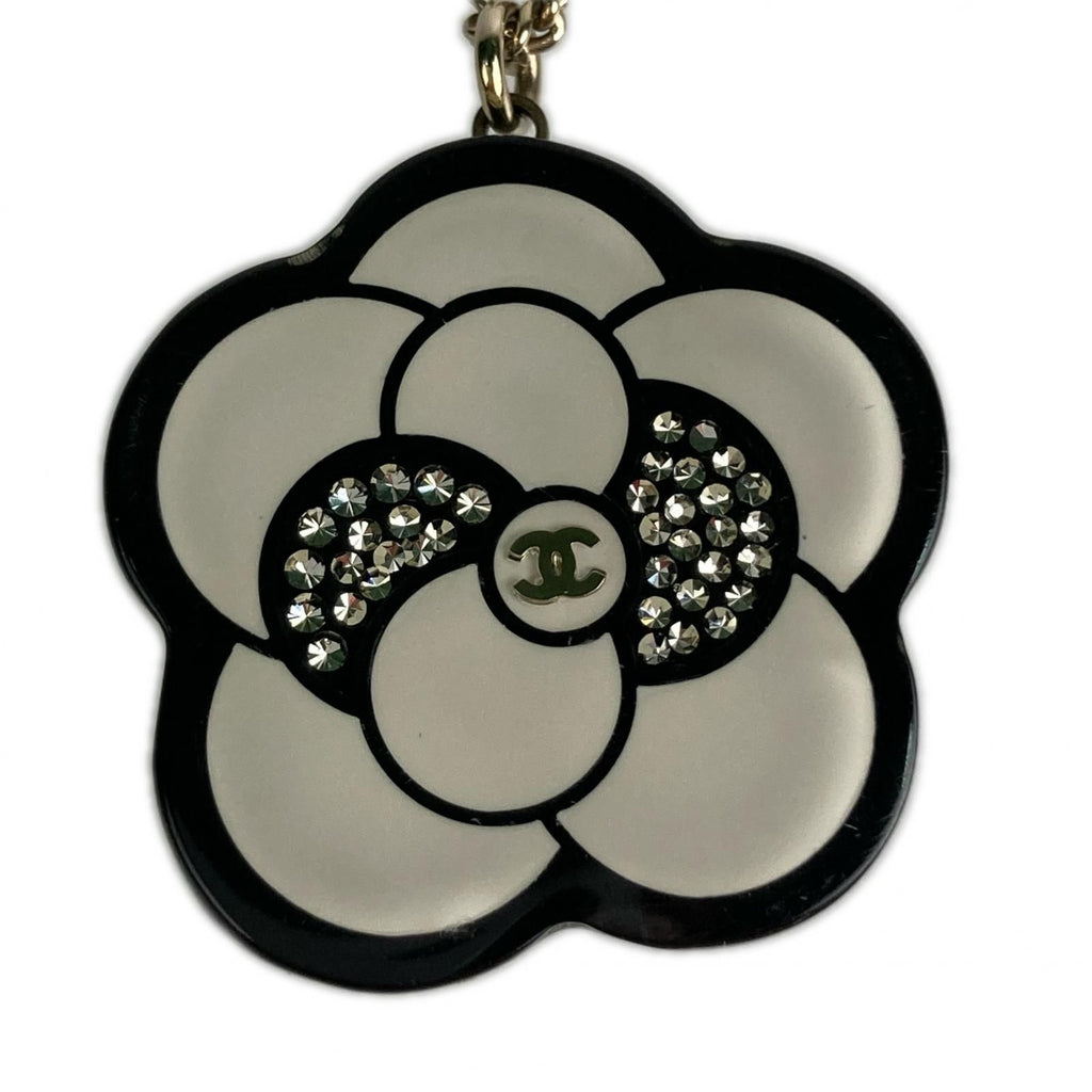 Chanel Camellia CC Logo Flower Motif Necklace Rhinestone Black White