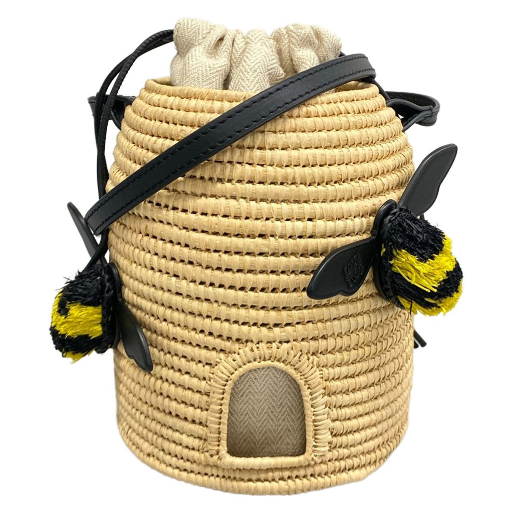 Loewe Shoulder Bag Beige Basket Natural Bee Drawstring Leather