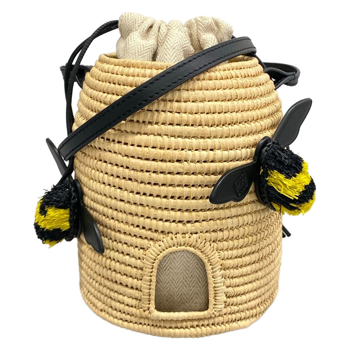 Loewe Shoulder Bag Beige Basket Natural Bee Drawstring Leather