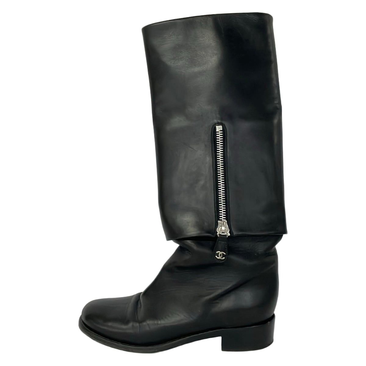 Chanel Long Boots 37.5 Black Silver Leather