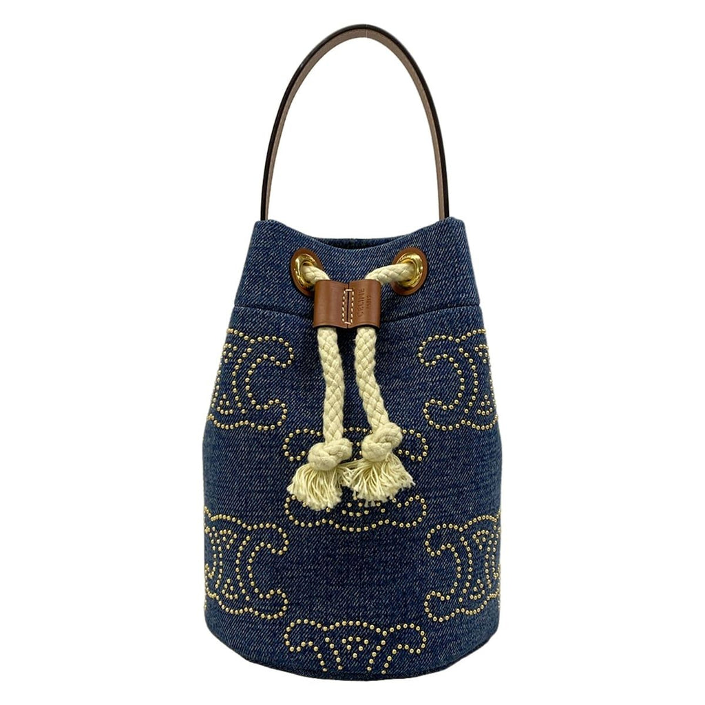Celine Drawstring Navy Brown Studs Mini Bag Triomphe Leather
