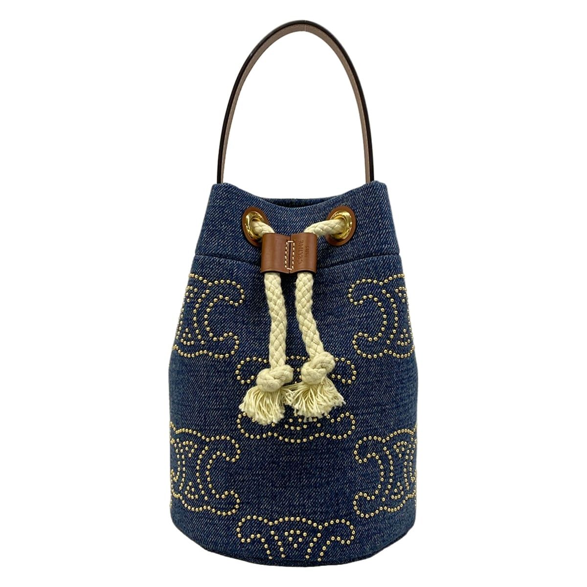 Celine Drawstring Navy Brown Studs Mini Bag Triomphe Leather