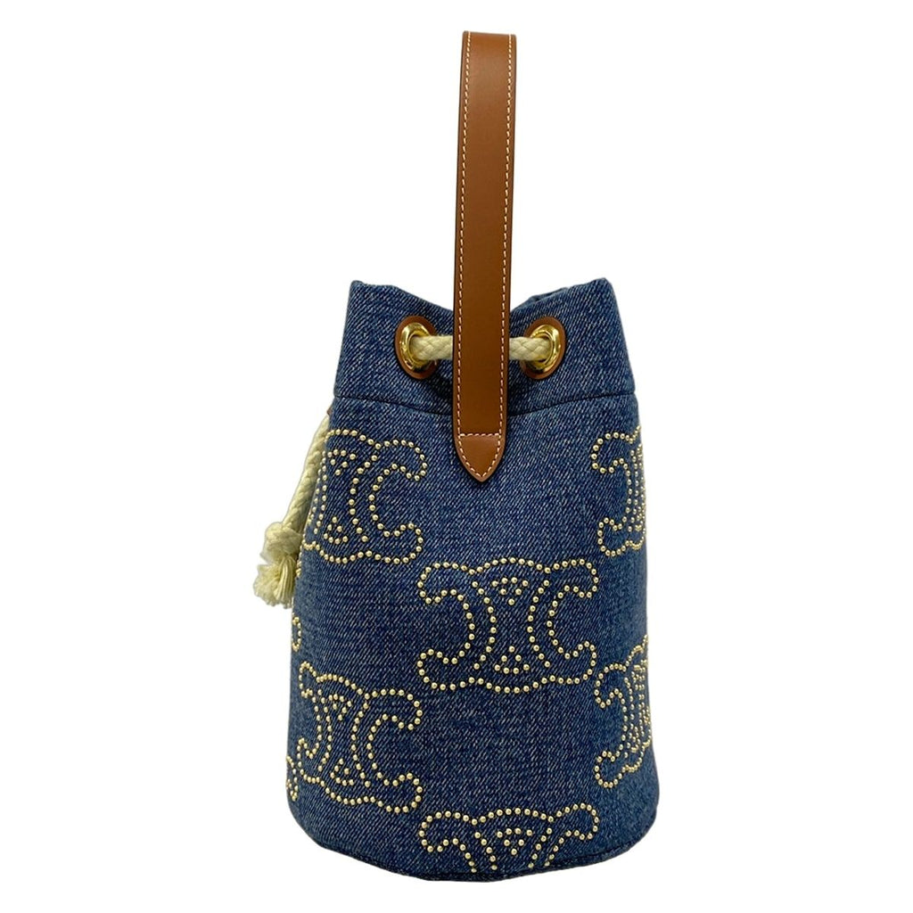 Celine Drawstring Navy Brown Studs Mini Bag Triomphe Leather — view 4