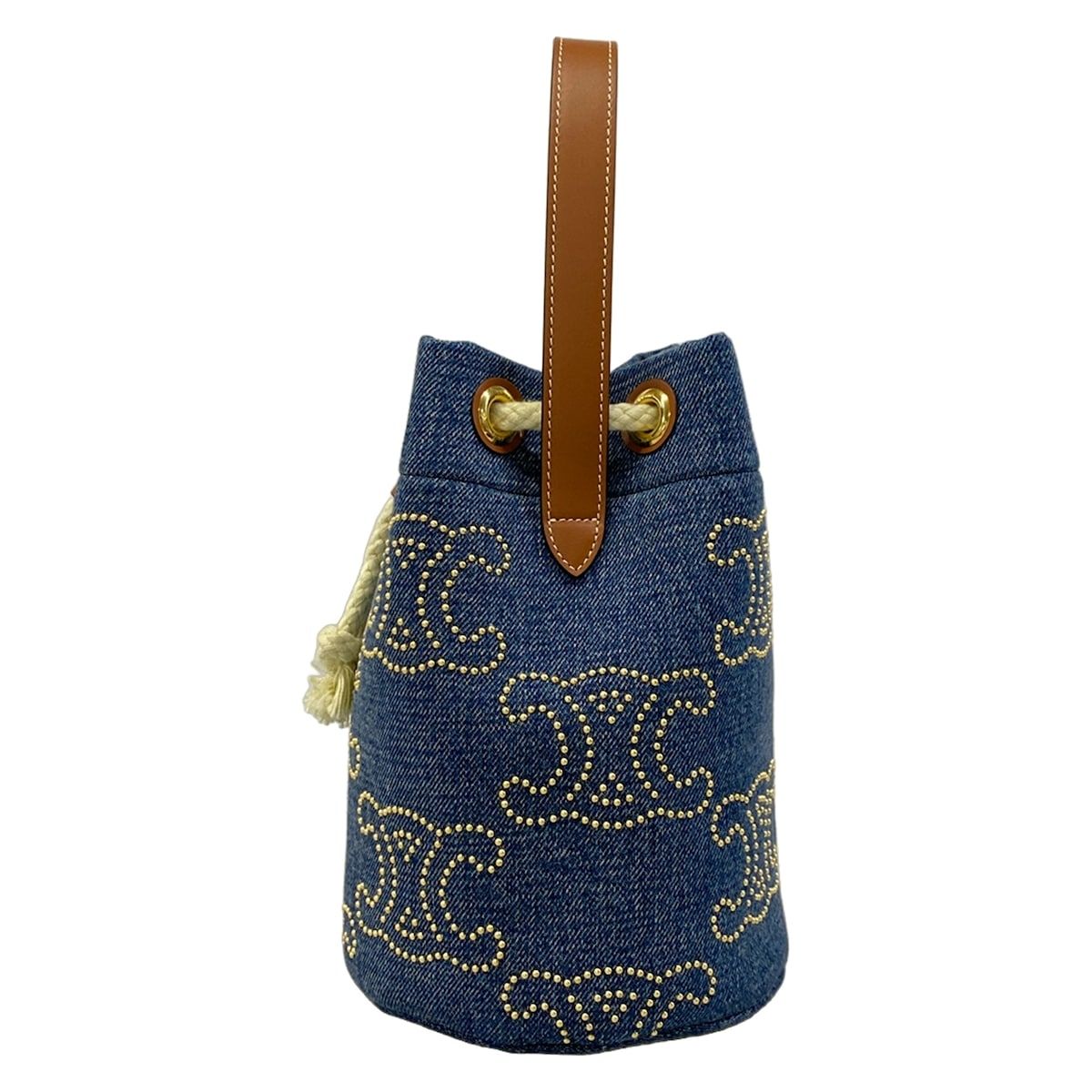 Celine Drawstring Navy Brown Studs Mini Bag Triomphe Leather — view 4