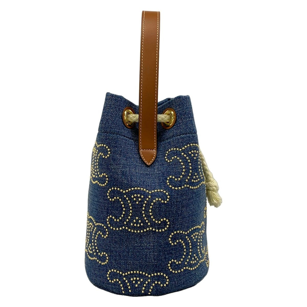 Celine Drawstring Navy Brown Studs Mini Bag Triomphe Leather — view 2