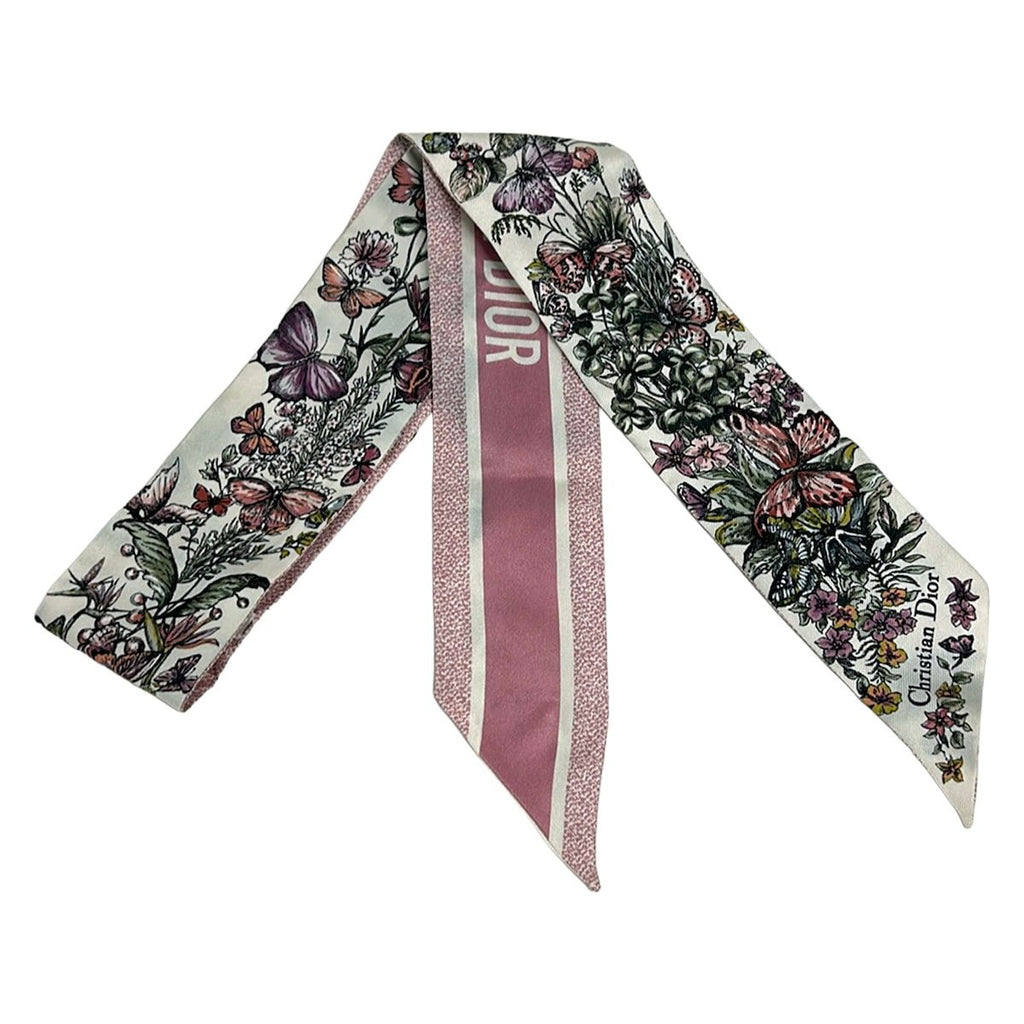 Dior Scarf Ivory Pink Multi Ribbon Floral Pattern Butterfly
