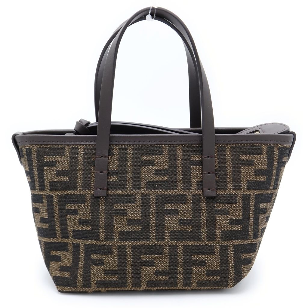 Fendi Roll Mini Fabric FF Jacquard 2-Way Shoulder Bag Brown Leather Canvas Gold