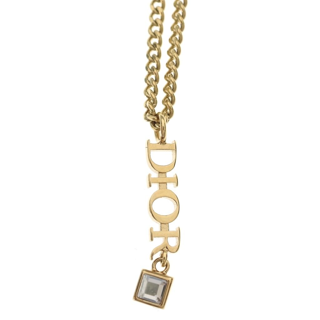 Dior Logo Motif Rhinestone Necklace Gold — view 3