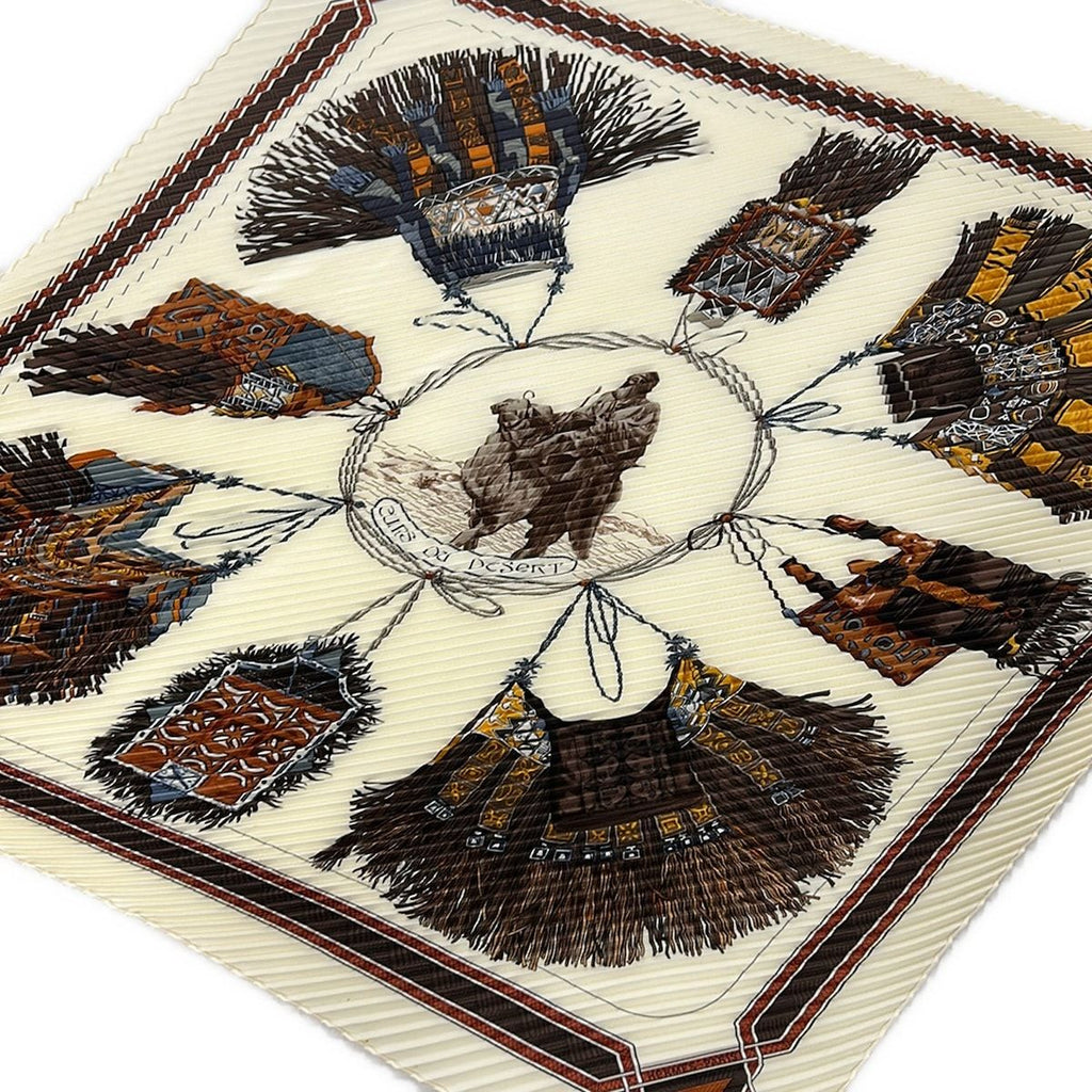 Hermes Scarf Carre Plisee Ivory Dark Brown Multi Cuirs du Desert