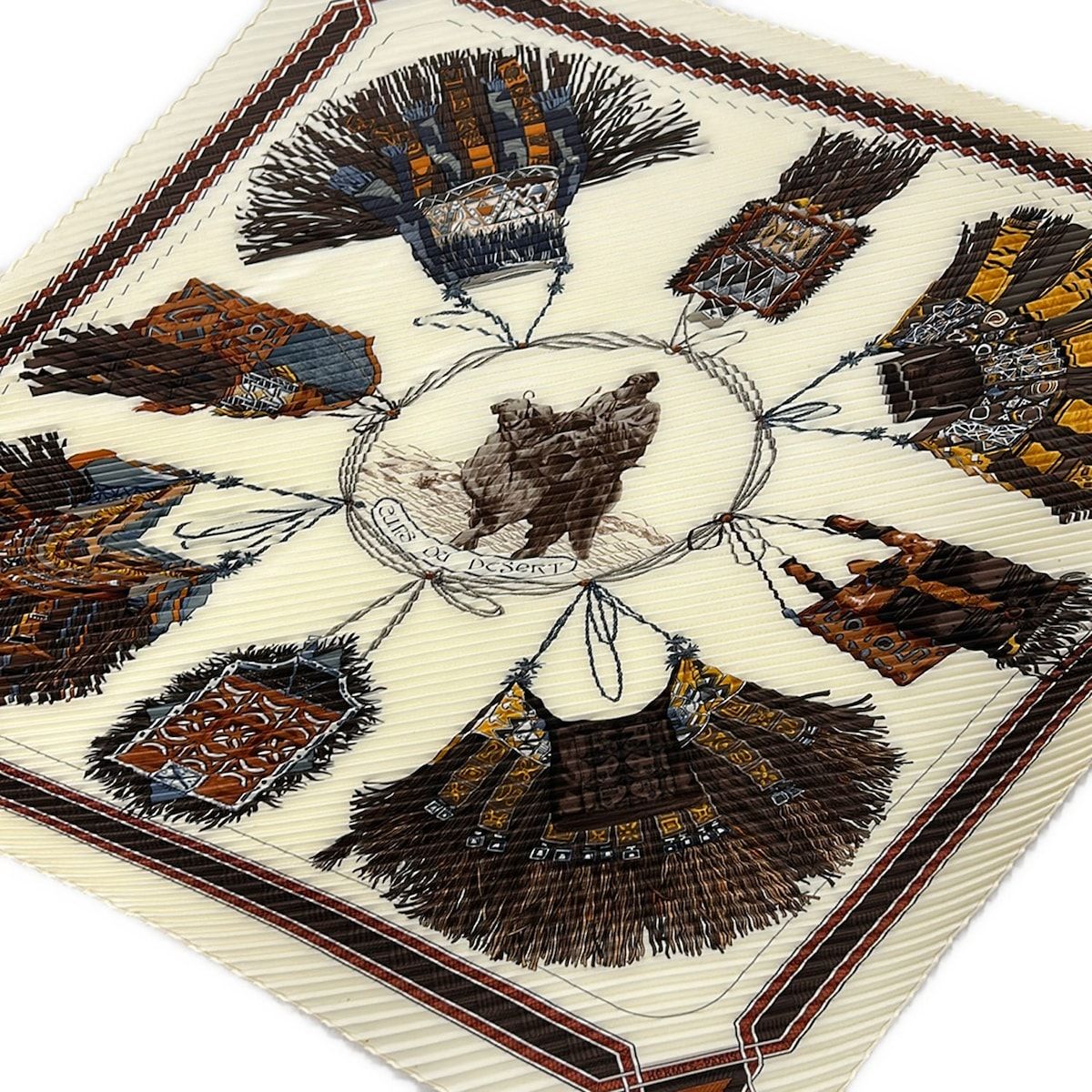 Hermes Scarf Carre Plisee Ivory Dark Brown Multi Cuirs du Desert