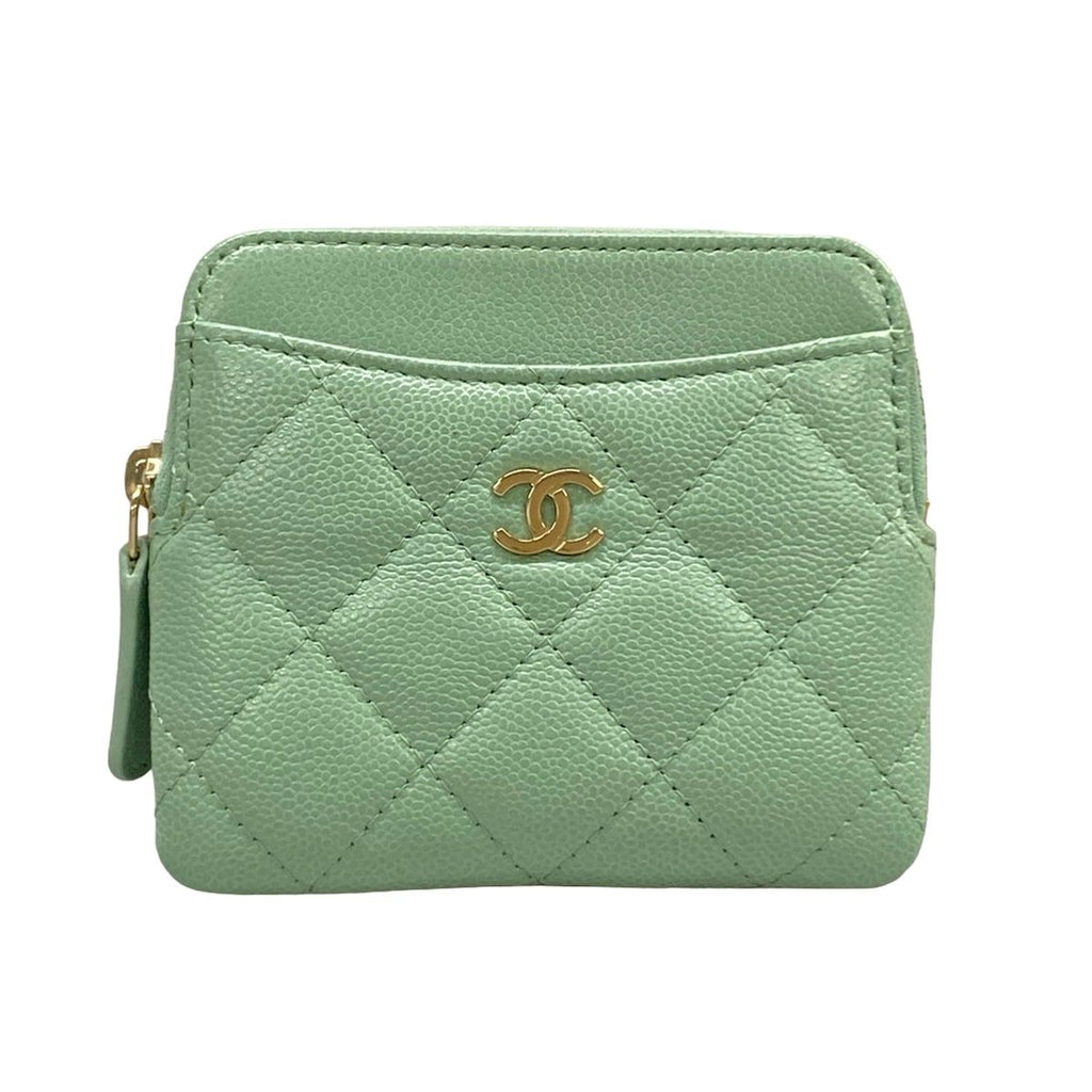 Chanel Coin Case Classic Zip Purse Quilted Light Green Gold