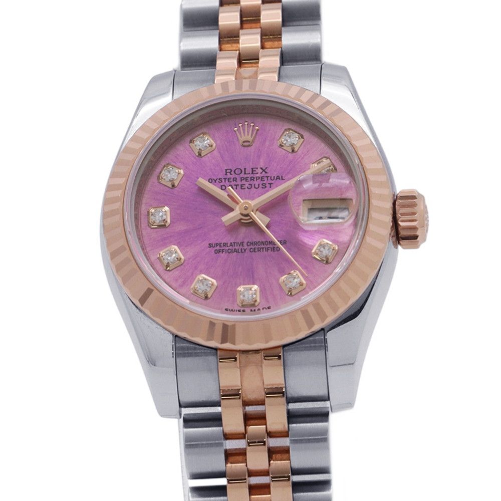 Rolex Datejust SS 18k Pink Gold Number Watch Violet Dial Diamond