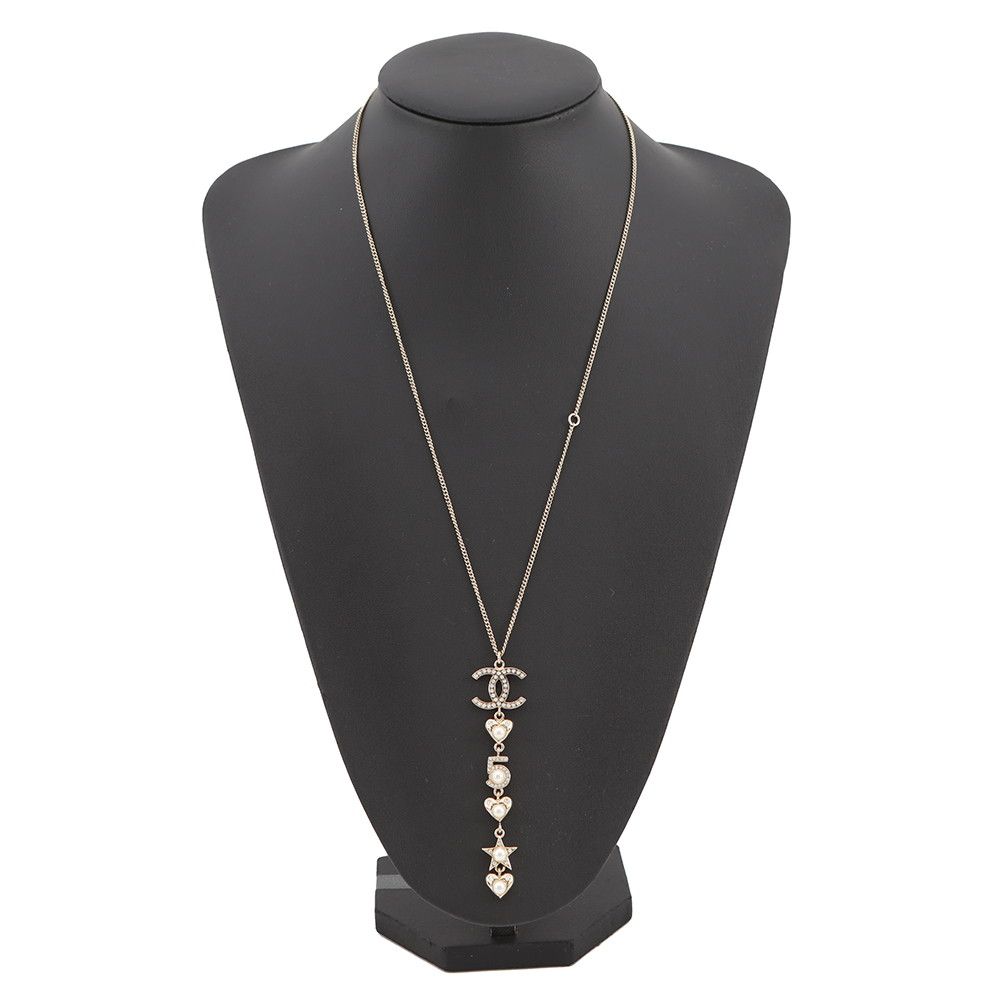 Chanel Necklace CC Logo Star Heart No5 Motif Rhinestone Metal Faux Pearl — view 4