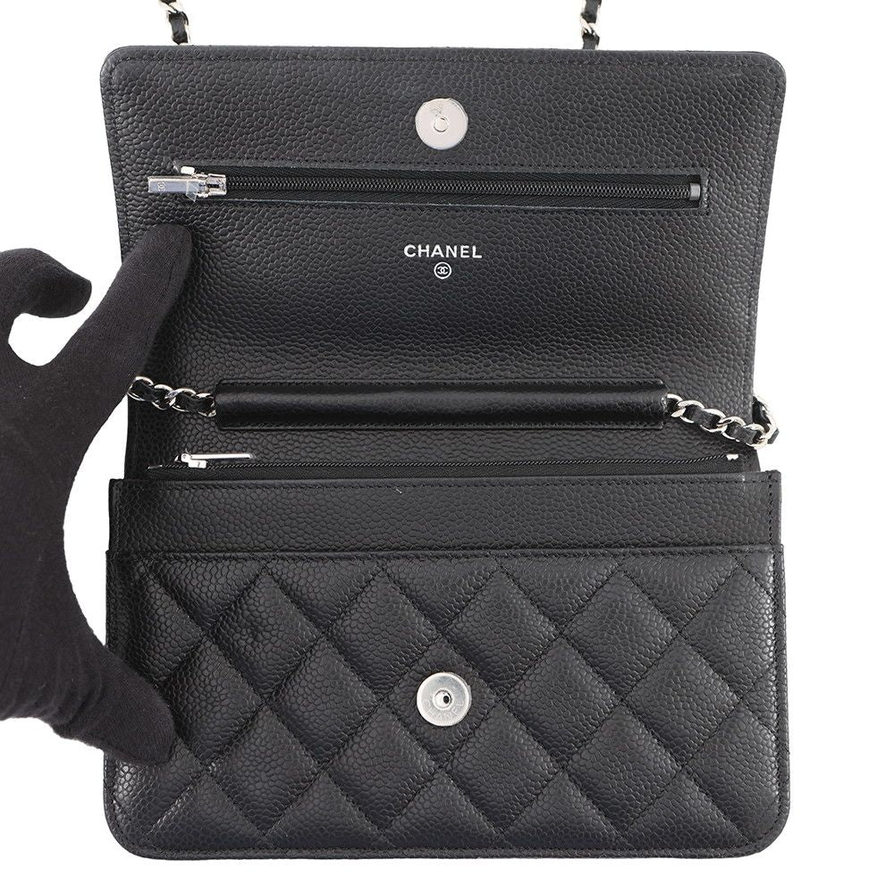 Chanel Chain Wallet Classic Quilted CC Logo Caviar Leather Black Shoulder — view 5