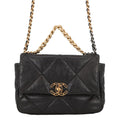 Chanel Chain Shoulder Bag 19 Flap CC Logo Shiny Lambskin Black