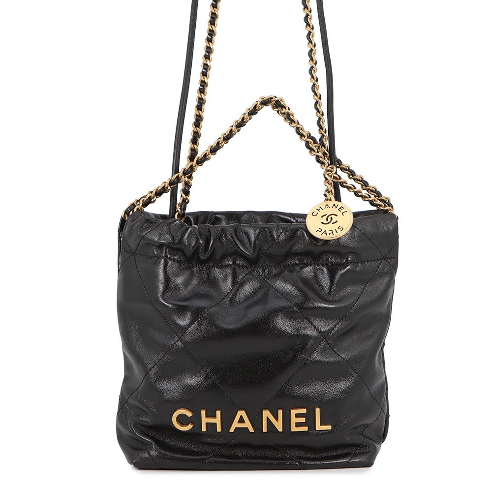 Chanel Handbag 22 Mini CC Logo Shiny Calf Leather 2-Way Black