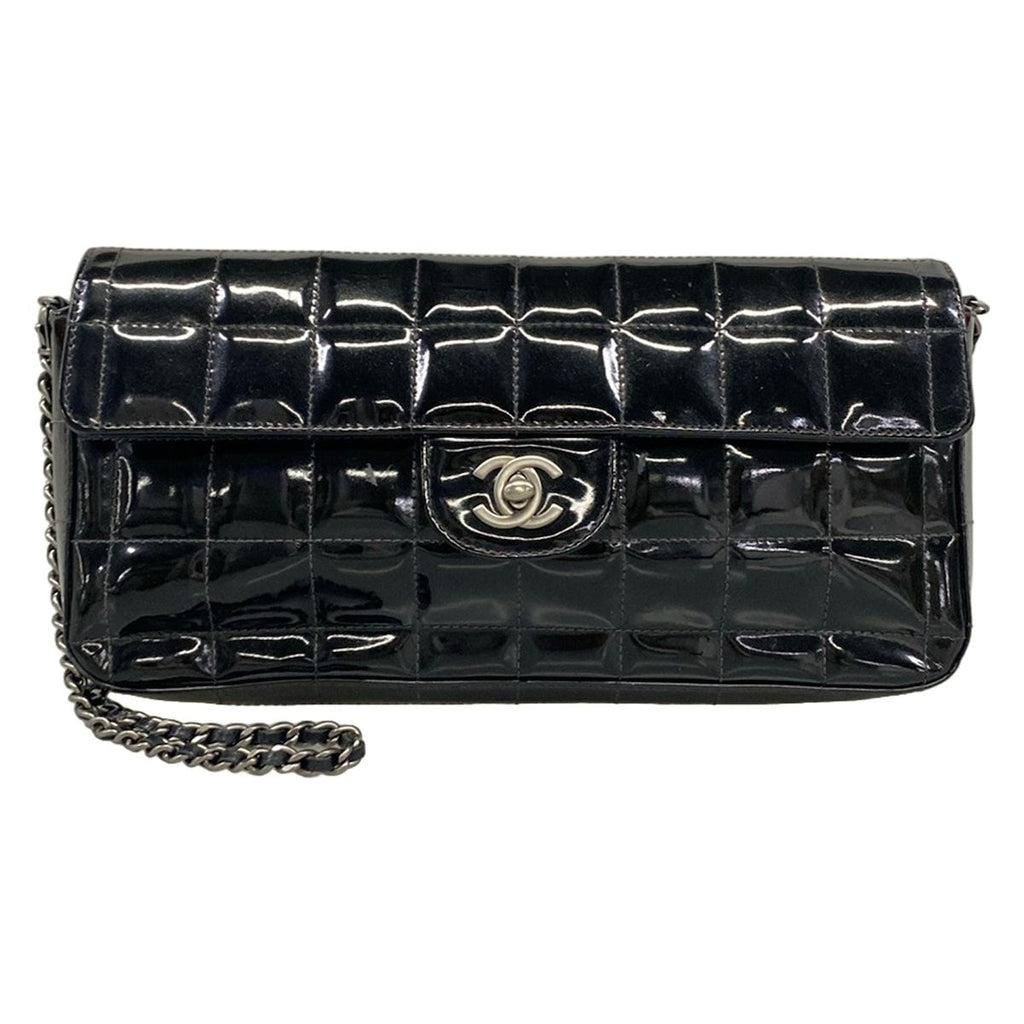 Chanel Shoulder Bag Choco Bar Black Chain Matte Silver Leather