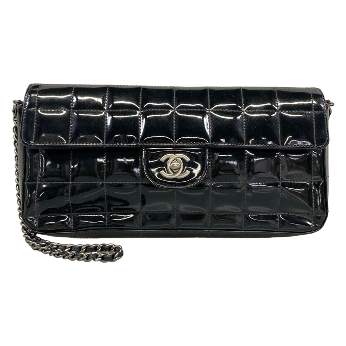 Chanel Shoulder Bag Choco Bar Black Chain Matte Silver Leather