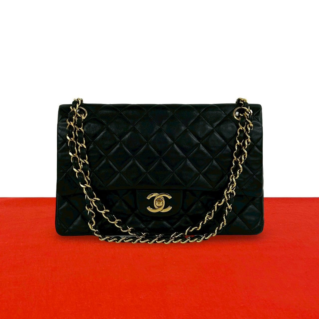 Chanel Quilted CC Logo Double Flap Lambskin Chain Shoulder Bag Black