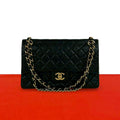 Chanel Quilted CC Logo Double Flap Lambskin Chain Shoulder Bag Black