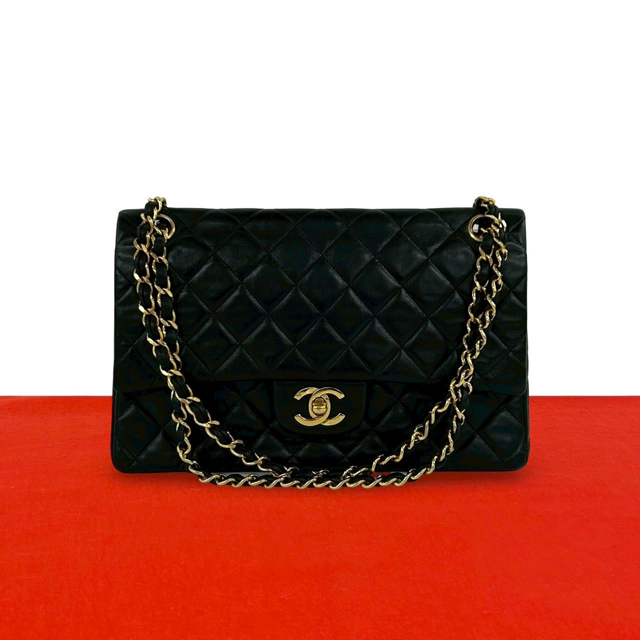 Chanel Quilted CC Logo Double Flap Lambskin Chain Shoulder Bag Black