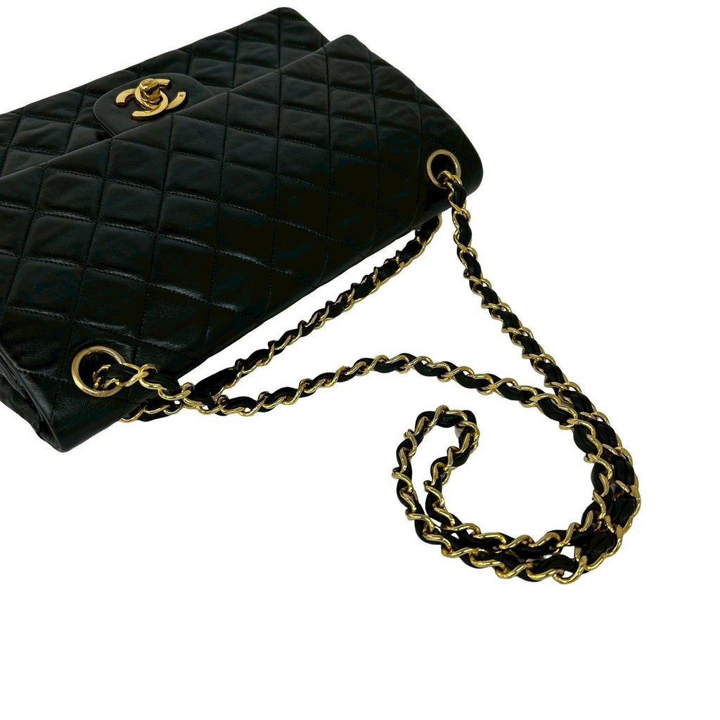 Chanel Quilted CC Logo Double Flap Lambskin Chain Shoulder Bag Black — view 4