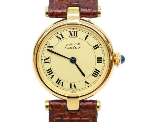 Cartier Must Vendeme Vermeil SM Ivory Roman Dial Leather Quartz